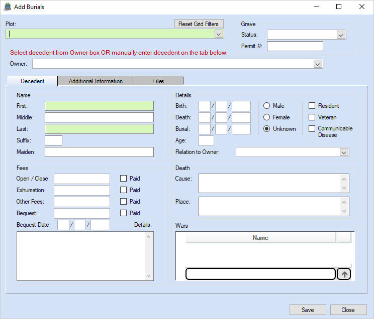 Cemetery module showing plot management, burial records, and deed generation tools