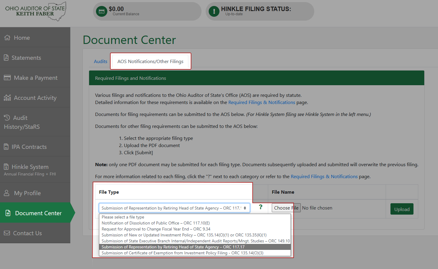 Screenshot of the Document Center